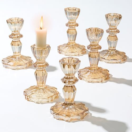 Inweder Bougeoirs en Verre Vintage Chandelier: Lot de 6 Bougeoir Conique Doré Élégant Porte-Bougie Chandelier en Cristal pour Mariage Noël Cadeau Décoration Intérieure
