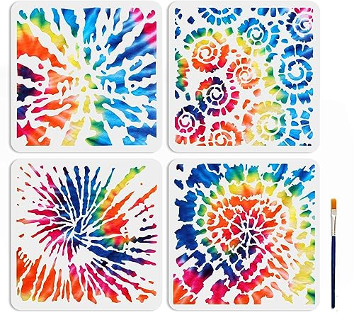 MAYJOYDIY 4 Stück Batik Schablone Graffiti Schablonen Batik Malschablonen 30x30cm Mit Pinsel Wiederverwendbare DIY Zeichenvorlage Für Holz Leinwand Papier Stoff Wand Möbel