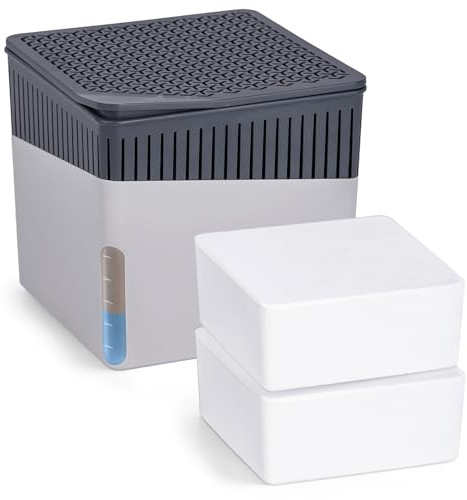 WENKO Raumentfeuchter Mod. Cube mit 2 x 1000 g Entfeuchter Granulat, für Räume bis 80 m³, beugt Schimmel und Gerüchen vor, ohne Strom, geräuschlos, nachfüllbar, Grau