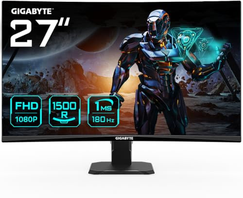 Gigabyte GS27FC 27 FHD Curved Gaming Monitor - 1920 x 1080, 180Hz, 1, 250 cd/m², FreeSync Premium, HDR Ready, HDMI 2.0, DisplayPort 1.4