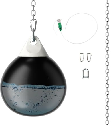 KOMFOTTEU Saco de Boxeo de Agua, Bolsa de Boxeo Rellenable con Agua, Saco de Entrenamiento con Manguera de Inyección y Cadena de Metal Ajustable, Punching Ball para Adultos y Niños (Negro)