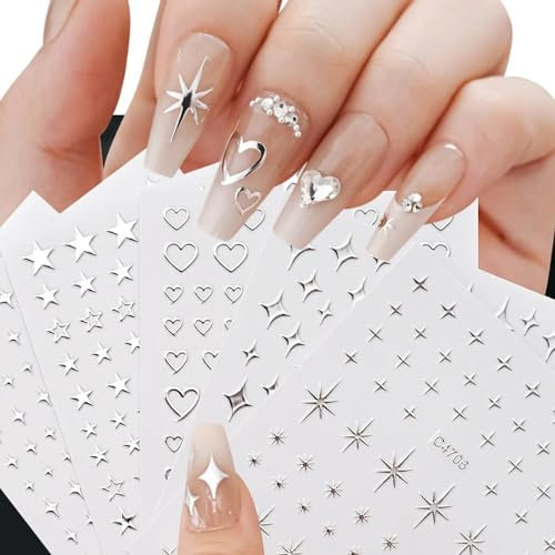 3D Metallic Silber Nagelsticker Sterne Nagelaufkleber Nagelfolie Selbstklebend Nagel Aufkleber Nailart Herz Star Nail Art Heart Stickers Nageldesign Nägel Zubehör