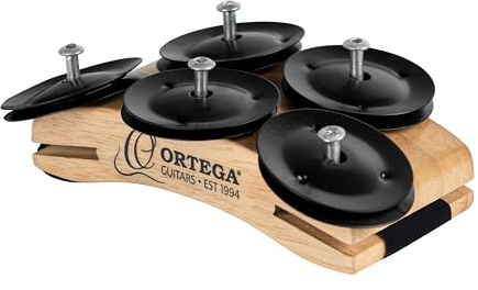 Ortega Guitars Percussion Foot Tambourine - Fußtamburin mit Edelstahl Schellen - Siam Eiche, Natur (OSSFT-NT) | Für Bühne, Studio & Jam-Sessions, 5 Paar Schellen aus Edelstahl Schwarz Mattes Finish, OSSFT-NT