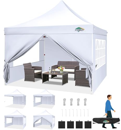COBIZI Carpa Plegable Gazebo 3x3m con 4 Paredes y 4 Bolsas de Arena, Cenador Robusto Impermeable, Cenador Pabellón de Jardín para Reception, Camping, Fiestas, Exterior, Blanco