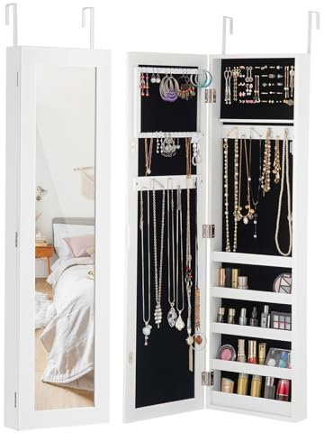 COSTWAY Schmuckschrank hängend, Wandspiegel Holz, Schmuck Spiegelschrank für Ringe, Kettenhaken und Ohrringe, Schmuck Organizer modern, weiß