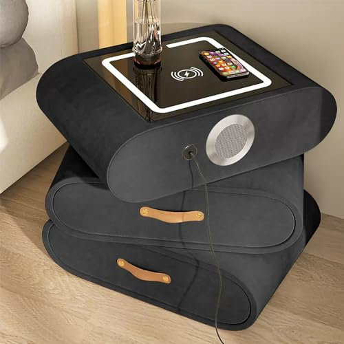 Charging Station Rotating Smart Nightstand with Drawers - Modern Bedside Table with Storage and Leather Handle - Tall Side End Cabinet Desk