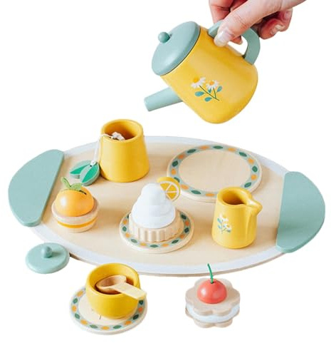 Juego de té de madera, juego de té de juguete, fiesta de té de madera para juegos de fantasía | Juego de cocina de madera, juego de fantasía