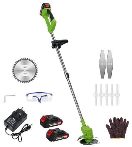 loyliawa Strimmer, Cordless Strimmer, Electric Weed Mower Cordless Trimmer, Telescopic Rod Weed Eater Cutter, Rechargeable Handheld Lawn Mower with 2 Batteries (21V 1.5Ah), 1 Charger UK