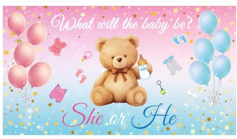 Kön Avslöjar Bakgrund, 180x100 cm What Will The Baby Be Han eller Hon Banderoll Blå och Rosa Ballong Björntema Gender Reveal Partydekoration för Baby Shower