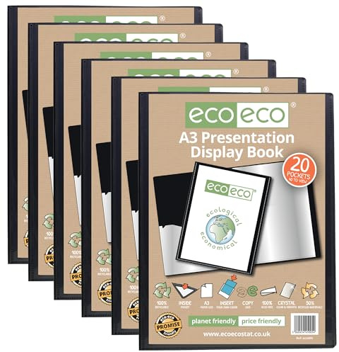 eco-eco Eco005x6 - Raccoglitore per presentazioni, formato A3, 50% riciclato, con 20 tasche, colore: nero, con buste in plastica, confezione da 6