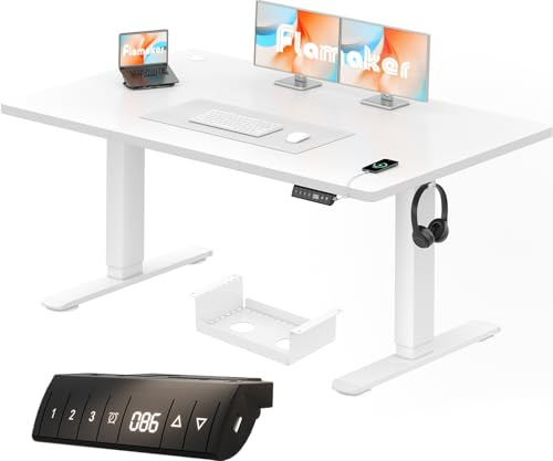 Flamaker Höhenverstellbarer Schreibtisch 140 x 70 cm mit 18 mm Tischplatte | Elektrisch Höhenverstellbarer Bürotisch mit Memory-Funktion, Computertisch mit Kabelwannefür Büro und Homeoffice, Weiß