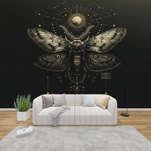 QEODAH Fototapete Motte Schlafzimmer, 3D Tapete Gothic Hexe, Vliestapete Schwarz, Tapeten Wohnzimmer Muster, Celestial Schmetterling Wand Deko Kinderzimmer, Wandtapete, Mustertapete 368x254 cm