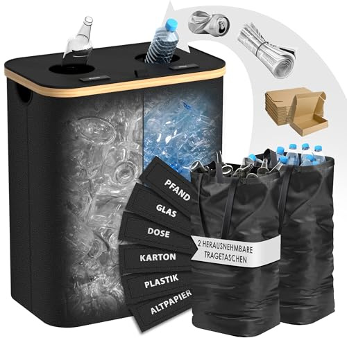 MY FAT GORILLA Conteneurs de collecte multi-bouteilles avec 2 compartiments noirs - Récipient pour plastique, verre, carton ou papier recyclé - Rangement vide - Poubelle 2 compartiments - Consigne - 2