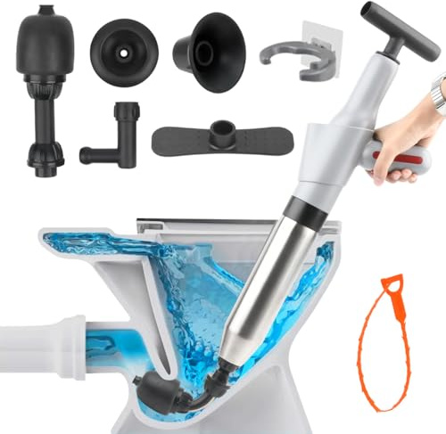 TMBMLPP Toilet Unblocker Set, High Pressure Toilet Plunger with Visual Barometer, Holder and 4 Replaceable Heads, Heavy Duty Toilet Plunger Kit for Unblocking Toilet Bathtub Sink Kitchen and Pipe Clog