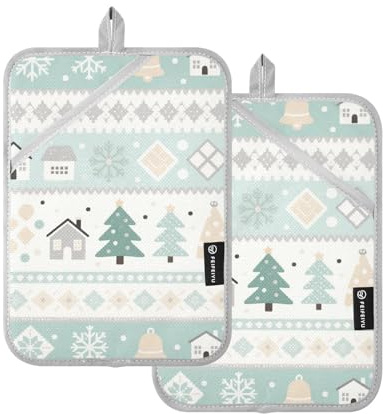 Set di presine resistenti al calore, presine, guanti da forno con tasche, confezione da 2, colore bianco pastello invernale