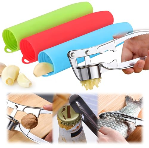 4-in-1 metal ginger Garlic press mincer crusher masher tool set, silicone garlic roller tube skin remover peeler