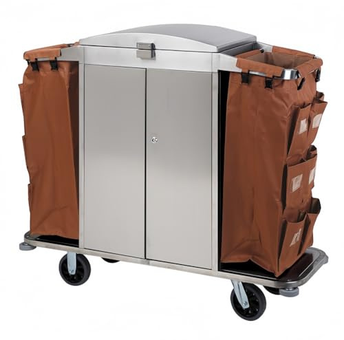Kommerzieller Reinigungswagen mit 2 Schränken, traditioneller 3-Regal-Reinigungswagen auf Rädern mit Abdeckung und Vinyltasche, für die Zimmerreinigung in Hotels und Apartments,B,Stainless Steel