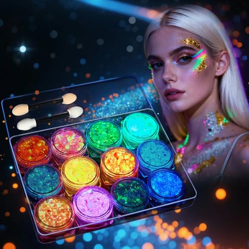Sularpek Festival glitter ansikte set 12 färger glitterpulver ansiktsglitter kropp glitter nattljus smink självhäftande vattentät för karneval halloween fest makeup
