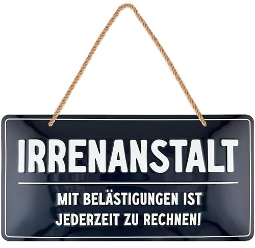 LANOLU retro Blechschild, Irrenanstalt Kordelschild lustig, Werkstatt Schild mit Spruch Mit Belästigung ist jederzeit zu rechnen, lustige Türschilder Deko, 16x32 cm
