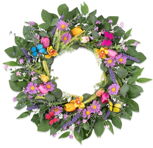 Enyhom Sommarkransar för ytterdörren, 45 cm lantlig färgglad vårdörrkrans för inomhus utomhus, verklighetstrogen konstgjord fjärilsblomkrans dekoration året runt
