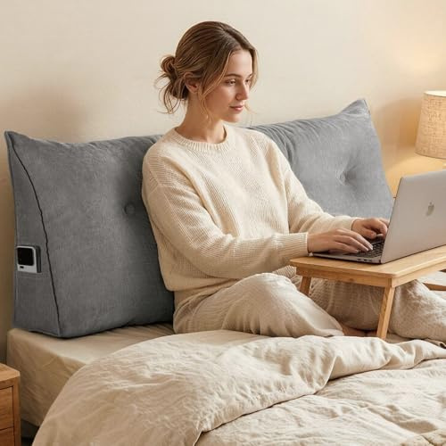 Treeboy Keilkissen Wandkissen Bett Kopfteil Bezug Sofakissen Rückenkissen | Lesekissen Für Bett Und Sofa Matratzenkeil Couchkissen Lumbalstütze Wedge Pillow Mit Seitentasche, Grau, 140 * 50 * 20Cm