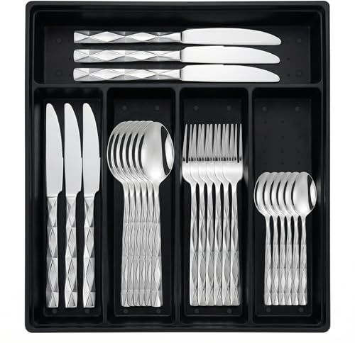 24-Piece Flatware Set with Organizer,Heavy Duty Stainless Steel Silverware for 6 with Antiskid Handle，Rust-Proof Stainless Steel Cutlery Set, Mirror Polished (Silver Diamond)