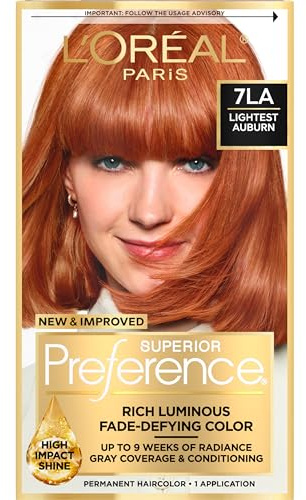 L'Oreal Paris Superior Preference Luminous Fade-Defying Permanent Hair Color, Hair Dye For Up to 9 Weeks of Radiance, Lightest Auburn 7LA, 1 Hair Dye Kit