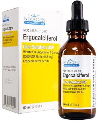 Nivagen Vitamin D2 Liquid Drops 8,000 USP (Ergocalciferol) | 400 IU per Serving | 2 Drops Once Daily | 1,200 Servings, 60ml (2 fl. oz) | Faster Absorption | Bone, Muscle & Immune Support | Made in USA