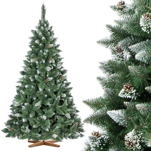FAIRYTREES Weihnachtsbaum künstlich Kiefer, Natur-Weiss beschneit, Material PVC, echte Tannenzapfen, inkl. Holzständer, 220cm