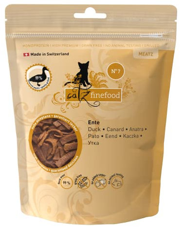 catz finefood Meatz Katzen Leckerlies Ente N° 7 - knusprig gegrillte Streifen aus Entenfleisch - mit Aloe Vera für die Darmflora - Katzensnack ohne Zucker, getreidefrei, 45g