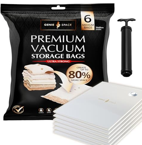GENIE SPACE Premium Vacuum Storage Bags for Clothes, Bedding and Travel, Medium Size 70x50cm, Airtight, Reusable and Odour-Proof Space Saver Bags with Double Seal, 6 Pack with Travel Pump