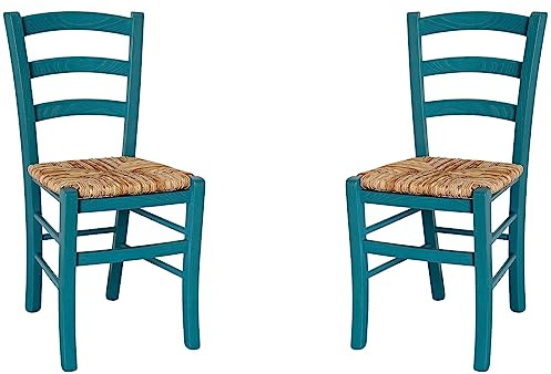 Liberoshopping Chaises Venezia en Bois Massif coloré avec Assise en Paille Set 2 (pétrole)