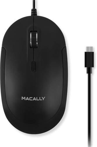 Macally Kabelgebundene USB-C-Maus für Mac und PC, schlank, leise und zuverlässig, 3 Tasten, Scrollrad und 4 DPI-Modus Typ C Maus für Laptop, MacBook Pro/Air, iMac, Plug-and-Play, USBC, Schwarz