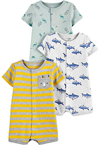 Simple Joys by Carter's unisex-baby Boys' 3-Pack Snap-Up Romper, Dinosaur/Rhino/Shark, 12 Months