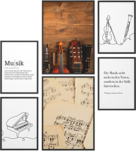 Papierschmiede® Mood Poster Set Musik, Bilder Wohnzimmer Deko Schlafzimmer, 2x DIN A2 und 4x DIN A3, Noten Orchester Instrumente Partitur - ohne Rahmen
