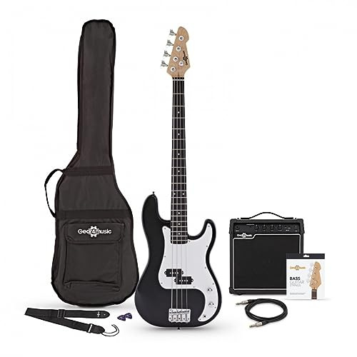 Bassgitarre LA von Gear4music schwarz mit 15W Amp Gig Bag und Kabel | Sofort Spielbar mit Leichtem Paulownia-Korpus, Klarer Druckvoller Ton, 15W-Verstärker mit 3-Band-EQ, Kabel
