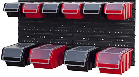 PAFEN Stapelbox Wandregal 772 x 390 mm - Lagersystem 10 Stück Boxen mit Deckel - Lagerregal Sichtlagerkästen Schüttenregal, Schwarz/Rot