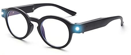 SKYWAY Lesebrille mit LED-Licht, Runde Lesebrille, Blaulicht Schutzbrille Spielbrille mit USB Wiederaufladbare fur Frauen Männer, Blendschutz UV-Schutz, Schwarz