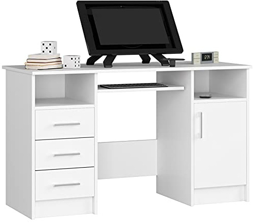 AKORD | Scrivania per PC Ana con Ripiano Per Tastiera | Scrivania per ufficio | Tavolo per computer | 3 cassetti | L124 x A74 x P52 cm, 45 kg | Bianco