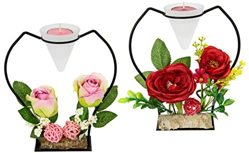 Dekorierter Teelichthalter aus Metall mit Glaseinsatz Teelichtkerze und Kunstblumen Kerzenständer Kerzenhalter Tischdeko Kerzen Advent Ostern Muttertag Valentinstag Hochzeit Hochzeitsdeko Windlicht