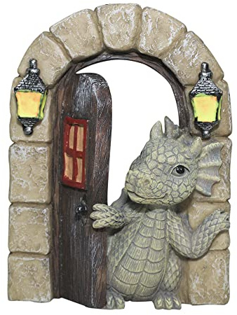 SHOWFEICAT Statue de jardin en forme de dragon en résine - Décoration de porte de fée - Art extérieur et jardin - Lumière solaire lumineuse - Sable - Porte ouverte - Statue murale en forme de dragon -