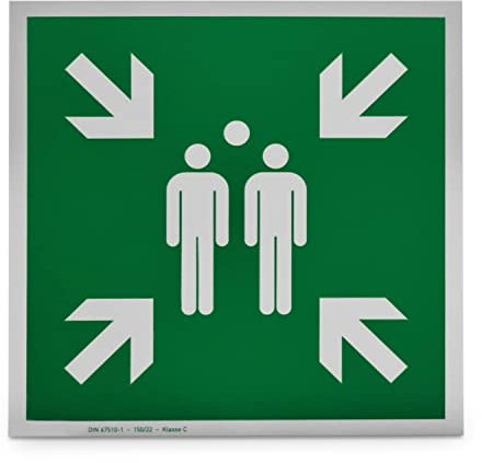 Betriebsausstattung24 Hinweisschild „Sammelstelle“ - 20,0 x 20,0 cm - Alu langnachleuchtend - Fluchtwegschilder nach Norm - DIN EN ISO 7010 E007 - ASR A1.3 E007