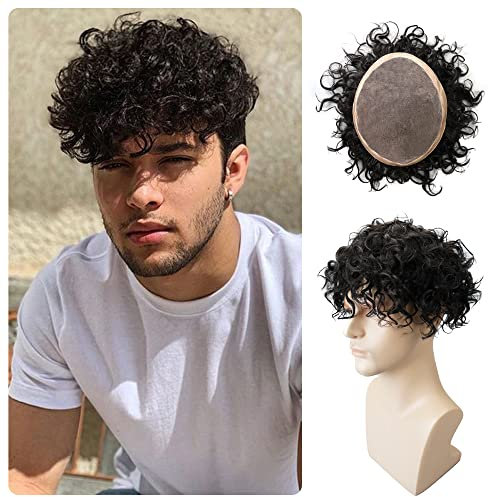 Lordhair Perruque Bouclés pour Hommes, Toupet Cheveux Humains, Remplacement des Cheveux Système