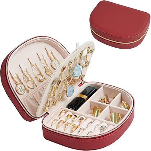 ProCase Organizador de Joyas Portátil, Joyero Pequeño para Viaje Caja Joyería para Mujer Chica Guarda Anillos Pendientes Pulseras -Rojo