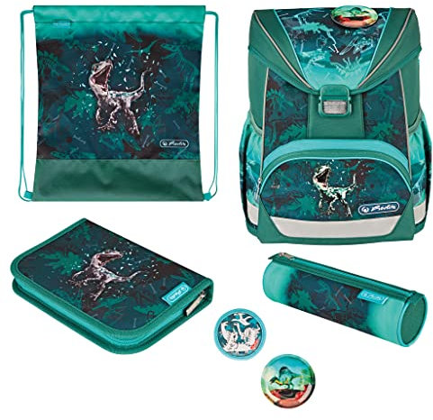Herlitz Schulranzen Set 6-teilig Green Rex Ergonomische Ultraleichte Schultasche 1.Klasse Junge Mädchen Kinder 16 L