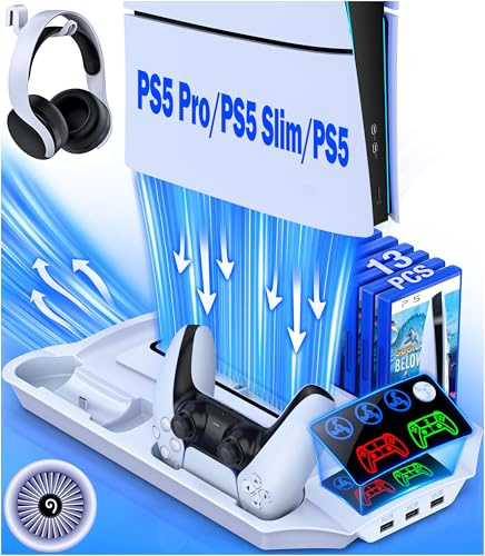 PS5 Pro/Slim/PS5 Station de refroidissement avec station de charge pour console numérique Playsation 5 disques, accessoires PS5 avec ventilateur de refroidissement à 3 niveaux, 13 emplacements de jeu