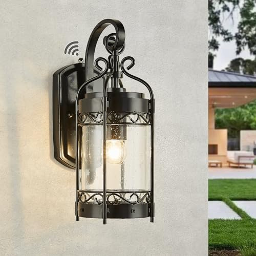 NLIEOPDA Dusk to Dawn Sensor Outdoor Wall Sconce,14.96 H Vintage Exterior Light Fixture with IP65 Waterproof,Classical European Style Porch Light with Bubble Glass for Garage Yards Patio