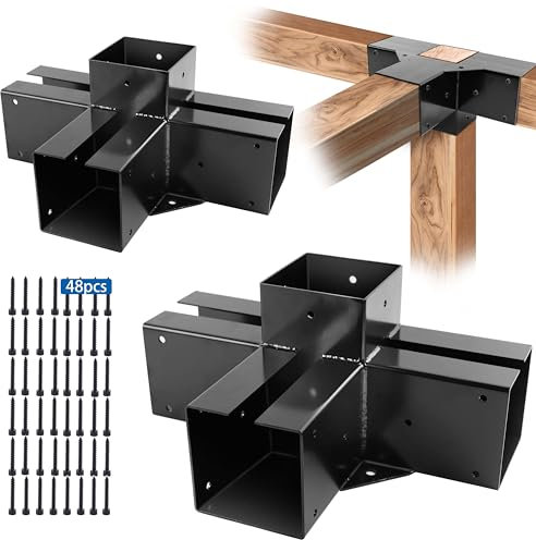 Staffe per pergola in acciaio legato pesante, staffa per pergola a 4 vie per legname da 10,2 x 10,2 cm (effettivi 9,1 x 9,1 cm), kit fai da te adatto per pergole, giardini, gazebo in metallo, include