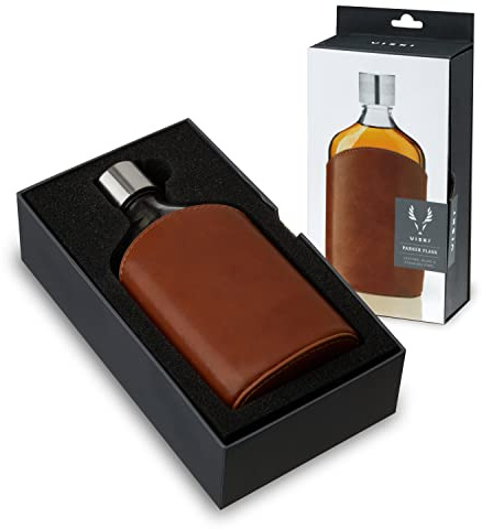 Viski Admiral Parker Glass Flask for Men, Elegant Leakproof Hip Flask with Leather Sleeve for Whiskey, Vodka, Gifts for Men, Groomsmen Gifts, Travel, Camping, Outdoor Adventure, 7 oz, Set of 1