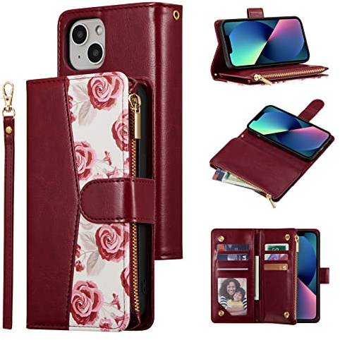 UEEBAI Wallet Case for iPhone 15 6.1 inch, PU Leather Magnetic Closure Handbag Zipper Pocket Case Kickstand Card Holder Slots with Wrist Strap TPU Shockproof Flip Cover - Wine Red